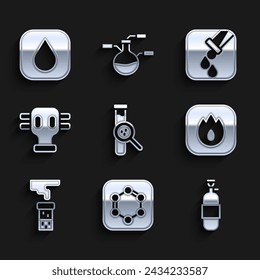 Set Test tube and flask, Formula of benzene rings, Propane gas tank, Fire flame, Gas mask,  and Water drop icon. Vector