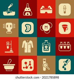 Set Test tube and flask, Funnel or filter, Safety goggle glasses, Bacteria, Gas mask, Petri dish with pipette and Molecule icon. Vector