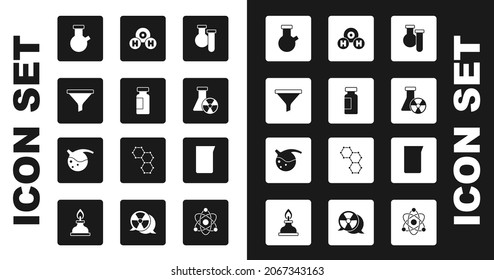Set Test tube and flask, Funnel or filter, radiation, Chemical formula for H2O, Laboratory glassware beaker and  icon. Vector