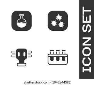 Set Test tube and flask, , Gas mask and Bacteria icon. Vector