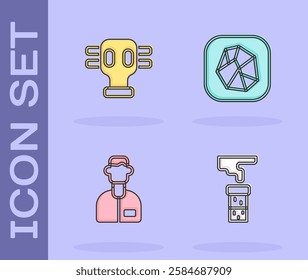 Set Test tube and flask, Gas mask, Laboratory assistant and Salt stone icon. Vector