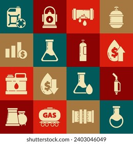 Set Test tube and flask, Gasoline pump nozzle, Oil price increase, Broken metal pipe with leaking water, Pie chart infographic dollar, Antifreeze canister and Industrial gas cylinder tank icon. Vector