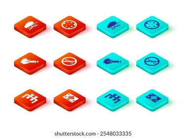 Conjunto Tubo de ensayo y matraz, modificación de ingeniería genética, manzana modificada genéticamente, sin OGM, placa de Petri con bacterias e icono. Vector