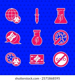 Set Test tube and flask, Genetic engineering modification, No GMO, Petri dish with bacteria, DNA symbol,  and  icon. Vector