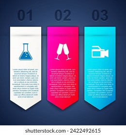 Set Test tube and flask, Glasses of champagne and Cinema camera. Business infographic template. Vector