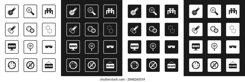 Set Test tube and flask, GMO, Genetically modified meat, orange, Chemical formula, Biohazard magnifying glass, Laboratory glasses and  icon. Vector