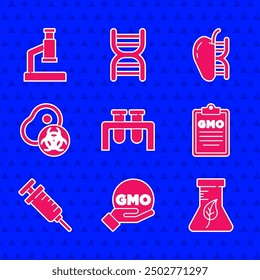 Set Test tube and flask, GMO, Syringe, Genetically modified meat, apple and Microscope icon. Vector