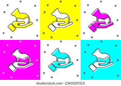 Set Test tube and flask in hand icon isolated on color background. Chemical laboratory test. Laboratory glassware.  Vector