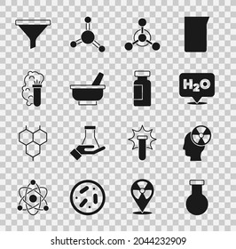 Die Prüfröhre und der Kolben werden eingestellt, Strahlensymbol, Chemische Formel für H2O, Molekül, Mortarpestle, Explosion, Filter und Icon. Vektorgrafik