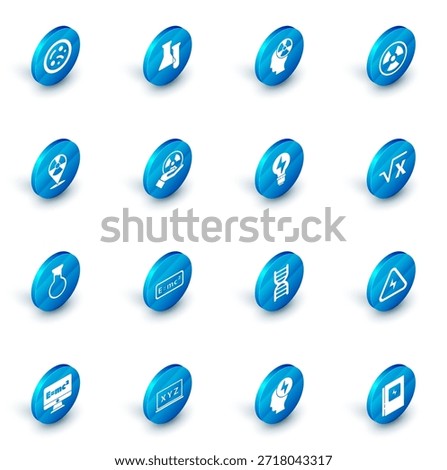 Set Test tube and flask, Head radiation symbol, Radioactive, in location, Square root of x glyph and Light bulb with lightning icon. Vector