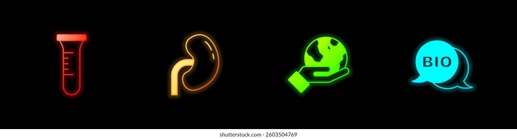 Set Test tube and flask, Human kidney, Hand holding Earth globe and Bio healthy food icon. Vector