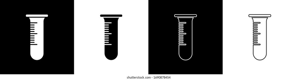 Set Test tube and flask icon isolated on black and white background. Chemical laboratory test. Laboratory glassware.  Vector Illustration