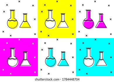 Ajuste el tubo de ensayo y el icono del matraz aislados en el fondo del color. Ensayo de laboratorio químico. Vasos de laboratorio.  Ilustración vectorial