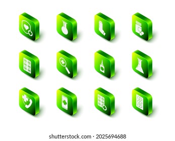 Set Test tube and flask, Inhaler, Medicine bottle pills, Pills blister pack, Bottle nasal spray,  and Emergency mobile phone call to hospital icon. Vector