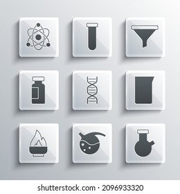 Set Test tube and flask, Laboratory glassware or beaker, DNA symbol, Alcohol spirit burner, Atom and Funnel filter icon. Vector