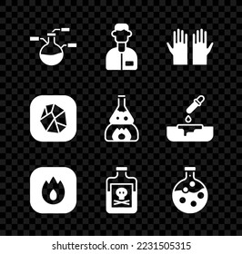 Ponga el tubo de ensayo y el matraz, asistente de laboratorio, guantes de goma médica, llama de fuego, veneno en botella, Piedra de sal e ícono de fuego. Vector