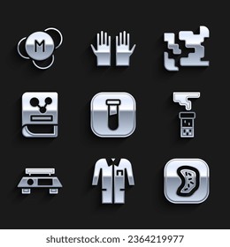 Set Tubo y matraz de prueba, uniforme de laboratorio, bacterias, báscula electrónica, libro de química, icono Gaseoso y molécula. Vector