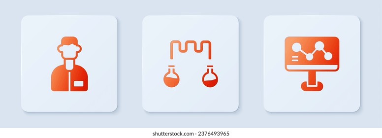 Ponga el tubo de ensayo y el matraz, el asistente de laboratorio y la fórmula química. Botón cuadrado blanco. Vector