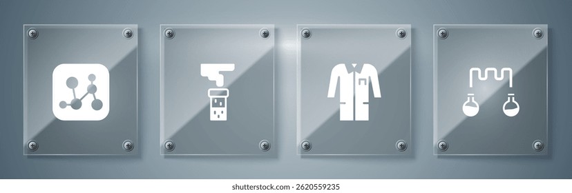 Tubo de ensayo y matraz, uniforme de laboratorio y fórmula química. Paneles de vidrio cuadrados. Vector