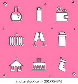 Set Test tube and flask, Lighter, Wallet with coin, Heating radiator, Glasses of champagne and Fitness shaker icon. Vector