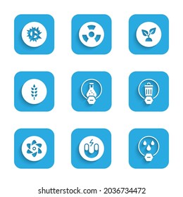 Set Test tube and flask, Magnet, Water drop forbidden, Trash can, Wheat, Plant based and Bomb explosion icon. Vector
