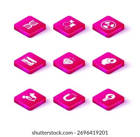 Tubo de prueba y frasco, imán, solución de ecuación, diamante, bombilla con relámpago, símbolo eléctrico de la cabeza, radiactivo e icono. Vector