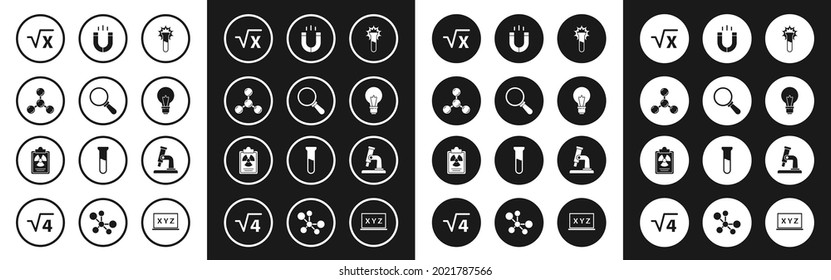 Set Test tube and flask, Magnifying glass, Molecule, Square root of x glyph, Light bulb with concept idea, Magnet, Microscope and Radiation warning document icon. Vector