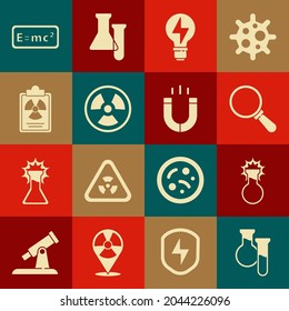 Set Test tube and flask, Magnifying glass, Light bulb with lightning, Radioactive, Radiation warning document, Equation solution and Magnet icon. Vector