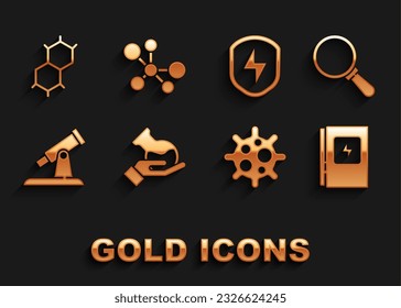 Ajuste el tubo de ensayo y el matraz, la lupa, el panel eléctrico, el virus, el telescopio, el blindaje seguro con el rayo, la fórmula química y el icono molécula. Vector