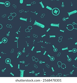 Set Test tube and flask, Magnifying glass for search medical, Crutch or crutches and Stethoscope on seamless pattern. Vector