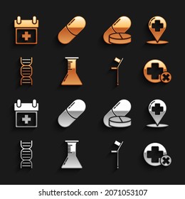 Set Test Tube und Kolben, Kartenzeiger mit Krankenhausquerschnitt, medizinische Kreuzung, Kreuzung oder Krücken, DNA-Symbol, Arzneimittel-Pilztablette, Arzt-Verabredung und Symbol. Vektorgrafik