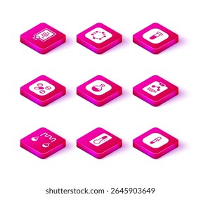 Set Test tube and flask, Medical thermometer, Medicine pill or tablet, Pipette, Chemistry report,  and Formula of benzene rings icon. Vector
