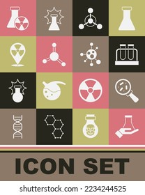 Set Test tube and flask, Microorganisms under magnifier, Molecule, Radioactive in location, radiation and  icon. Vector