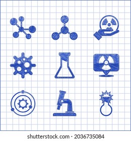 Set Test tube and flask, Microscope, Radioactive in location, Solar system, Virus,  and Molecule icon. Vector