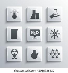 Set Test tube and flask, Molecule, Bacteria, Chemical formula for H2O, Radioactive in location, Laboratory glassware beaker, explosion and  icon. Vector