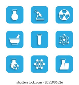 Set Test tube and flask, Molecule, Atom, radiation, Mortar pestle, Radioactive and  icon. Vector