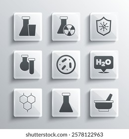 Set Test tube and flask, Mortar pestle, Chemical formula for H2O, Petri dish with bacteria,  and Shield protecting from virus icon. Vector