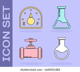 Set Test tube and flask, Motor gas gauge, Industry metallic pipes and valve and Test tube and flask icon. Vector