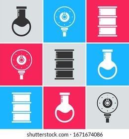 Ajuste el tubo de ensayo y el matraz, el aforador de gas del motor y el icono del aceite del barril. Vector
