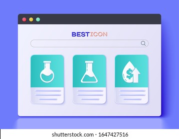 Set Test tube and flask, Test tube and flask and Oil price increase icon. Vector