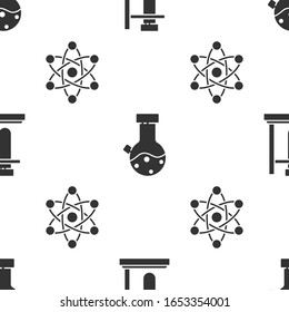 Prüfröhrchen auf Ständer, Reagenzglas und Kolben-Chemikalie und Atom auf nahtloses Muster setzen. Vektorillustration