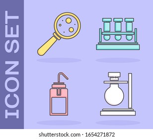 Set Test tube flask on stand, Microorganisms under magnifier, Laboratory wash bottle and Test tube and flask chemical icon. Vector