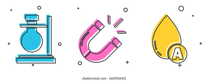 Set Test tube flask on stand, Magnet and Water drop icon. Vector