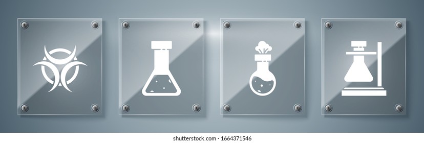 Set Test tube flask on stand, Test tube and flask chemical, Test tube and flask chemical and Biohazard symbol. Square glass panels. Vector