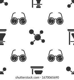 Set Test tube flask on stand, Molecule and Laboratory glasses on seamless pattern. Vector