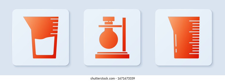 Set Test tube flask on stand, Laboratory glassware or beaker and Laboratory glassware or beaker. White square button. Vector