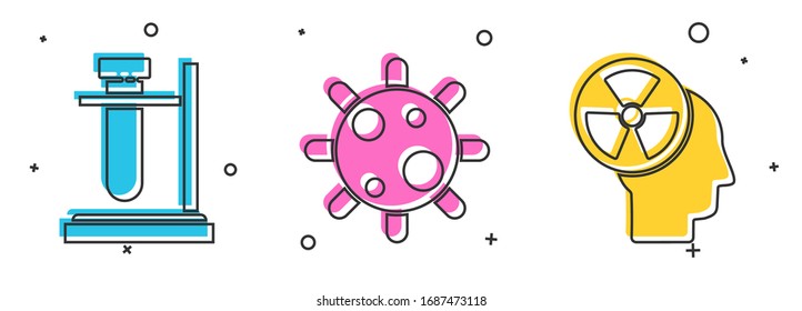 Set Test tube flask on stand, Bacteria and Human head and a radiation icon. Vector