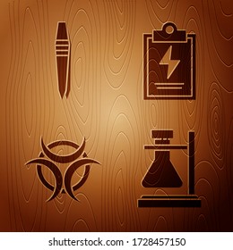 Set Test tube flask on stand, Tweezers, Biohazard symbol and Laboratory clipboard with checklist on wooden background. Vector