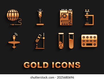 Set Test tube flask on fire, Microscope, Pills in blister pack, and, UAV Drone, Motherboard, Social network and Syringe icon. Vector