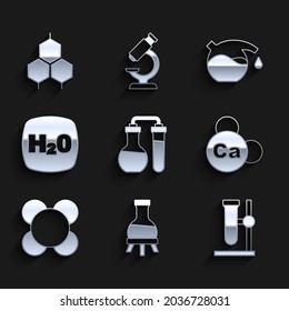 Set Test tube, flask on stand, Mineral Ca Calcium, Molecule, Chemical formula H2O,  and  icon. Vector